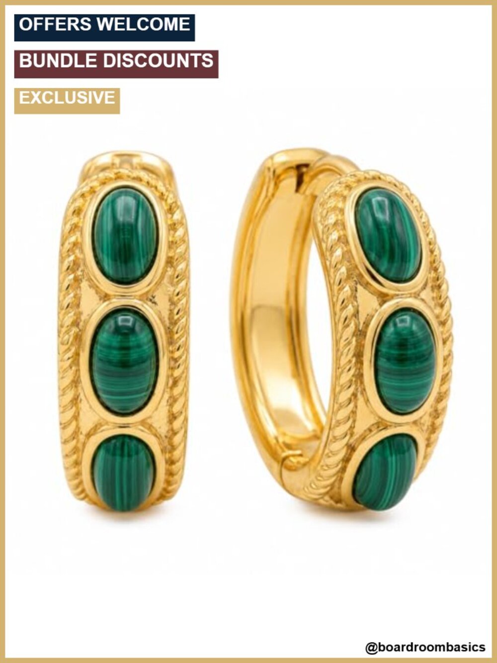 14K Gold Plated Malachite Huggie Earrings Handcrafted 6 Gemstones